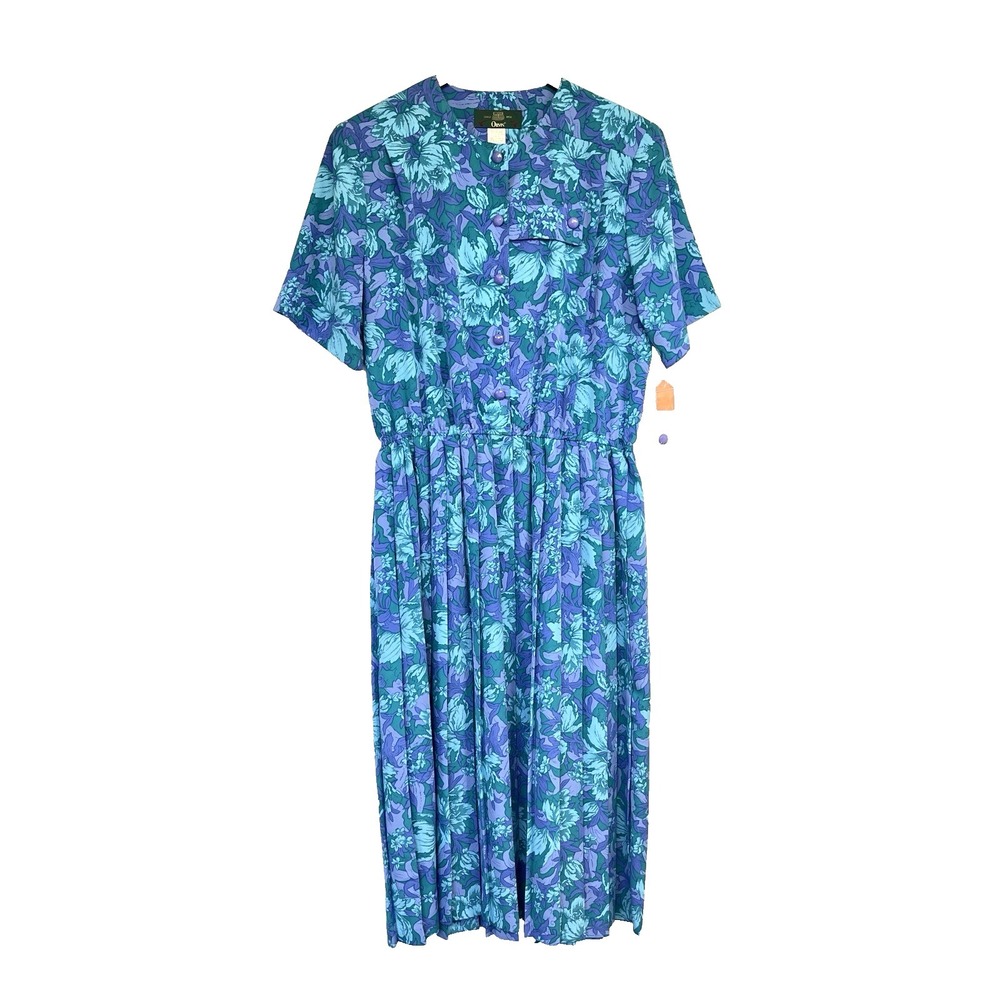 New Vintage Orvis Womens 70s Floral Pleated Button Dress Sz 18 Blue Cottagecore